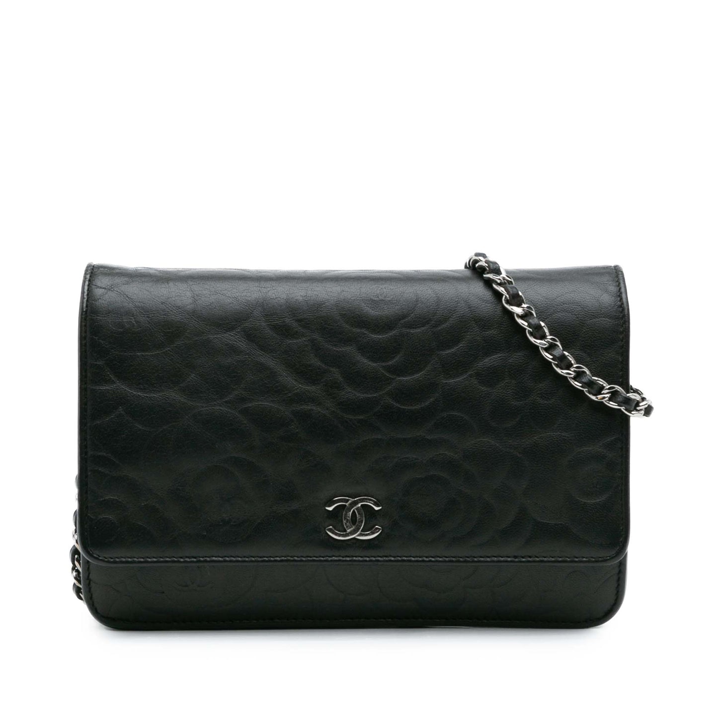Black Chanel Camellia Embossed Lambskin Wallet On Chain Crossbody Bag
