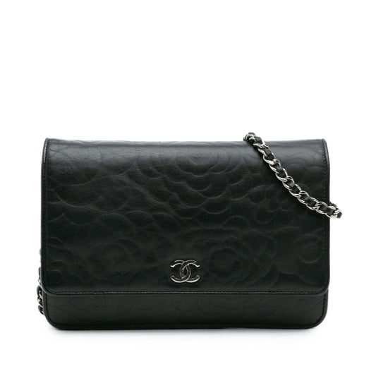 Black Chanel Camellia Embossed Lambskin Wallet On Chain Crossbody Bag