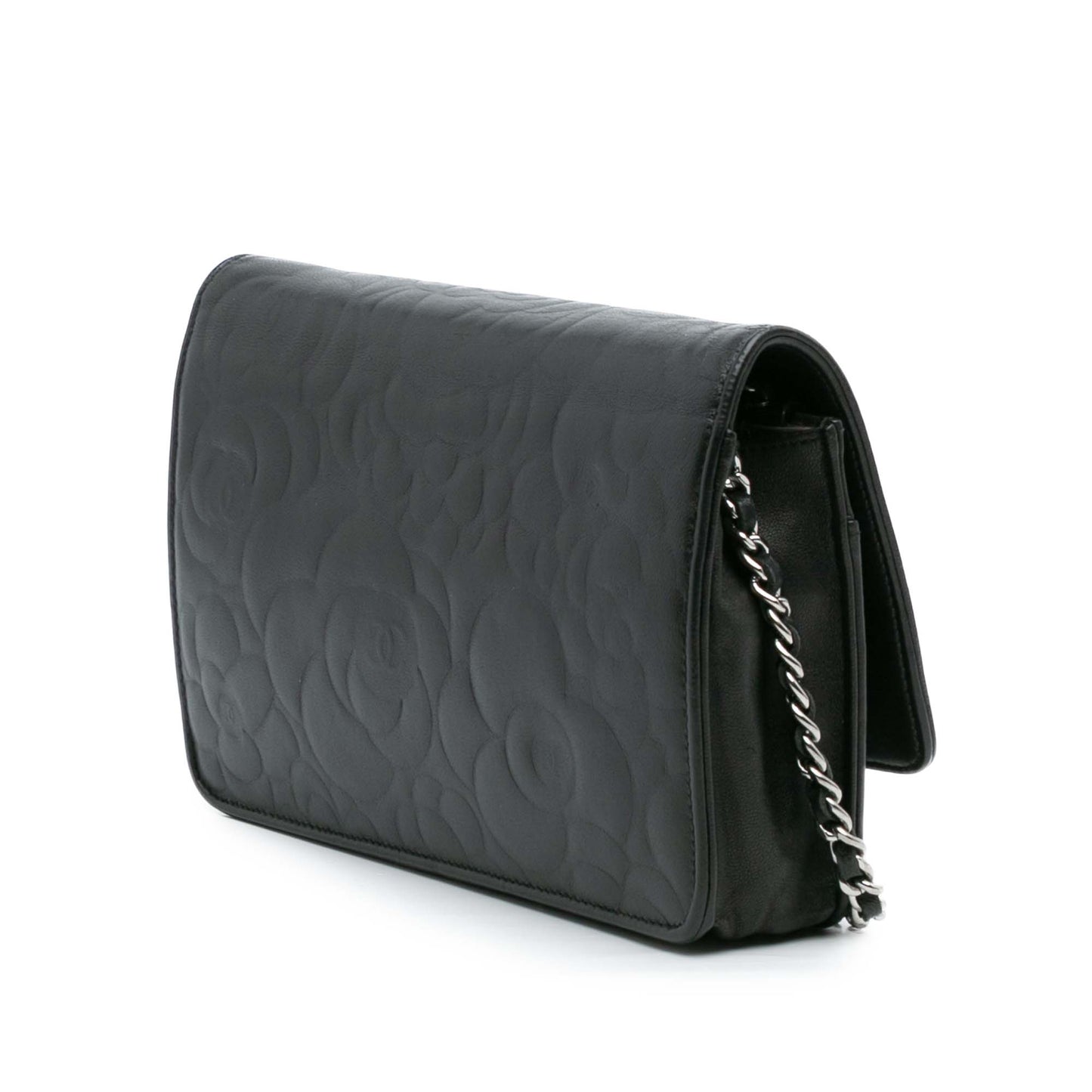 Black Chanel Camellia Embossed Lambskin Wallet On Chain Crossbody Bag