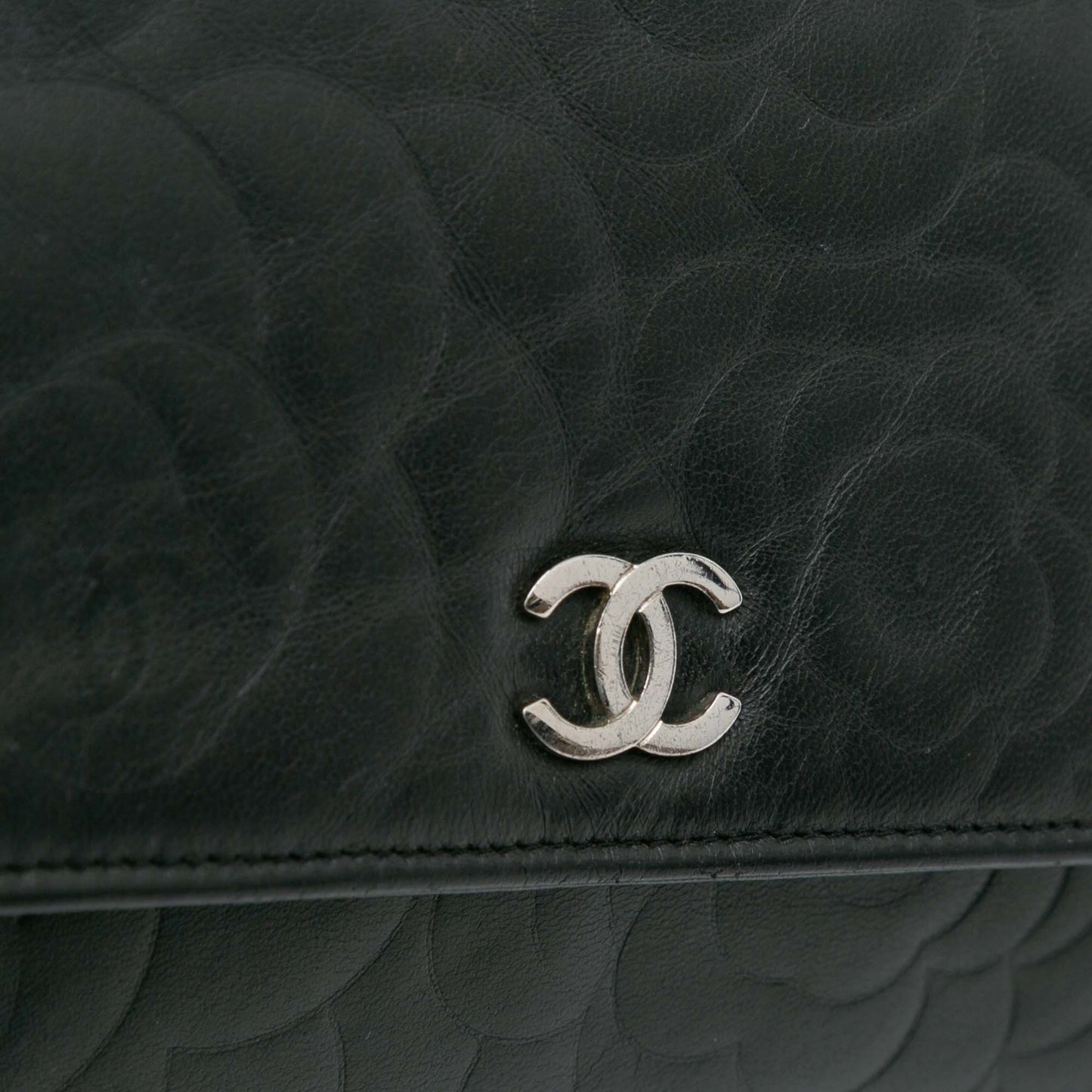 Black Chanel Camellia Embossed Lambskin Wallet On Chain Crossbody Bag