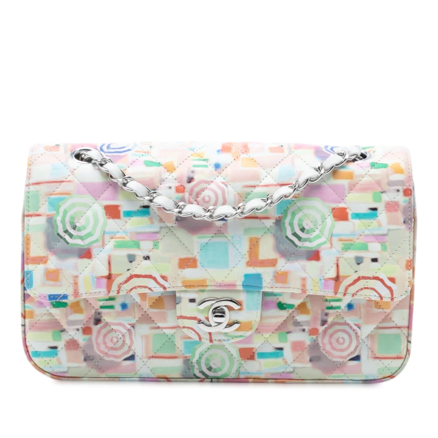 White Chanel Medium Quilted Printed Leather Umbrella Double Flap Shoulder Bag