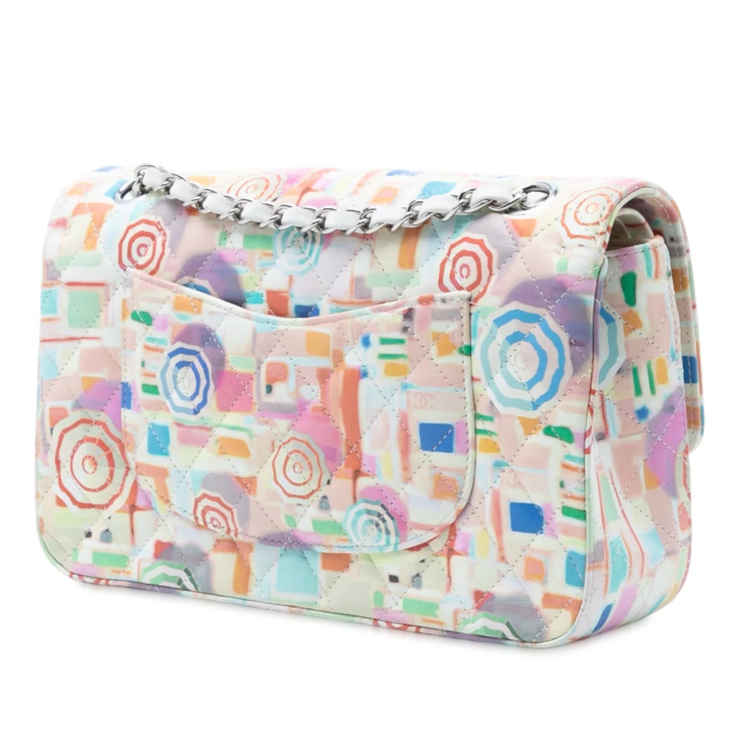 White Chanel Medium Quilted Printed Leather Umbrella Double Flap Shoulder Bag