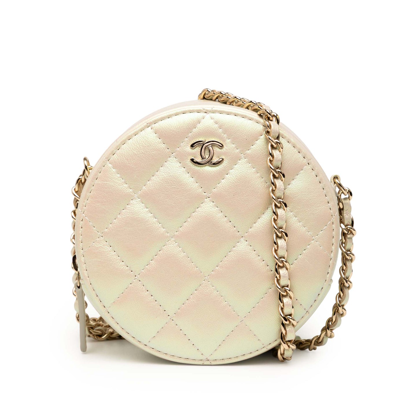 White Chanel Iridescent Quilted Lambskin Round Clutch With Chain Crossbody Bag