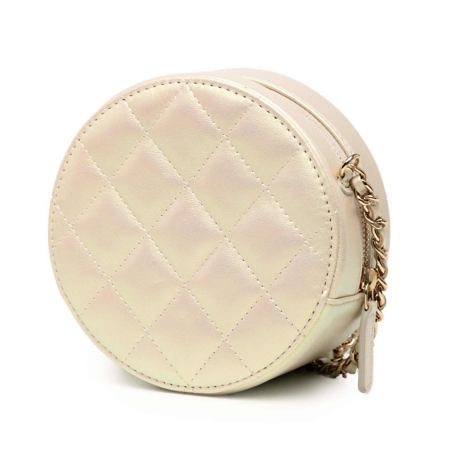 White Chanel Iridescent Quilted Lambskin Round Clutch With Chain Crossbody Bag