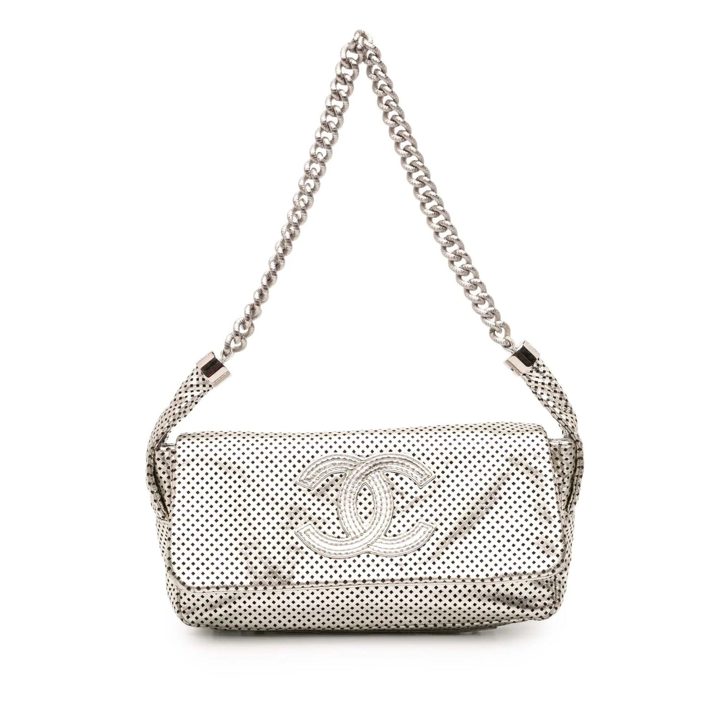 Silver Chanel Metallic Glazed Calfskin Perforated Rodeo Drive Flap Shoulder Bag