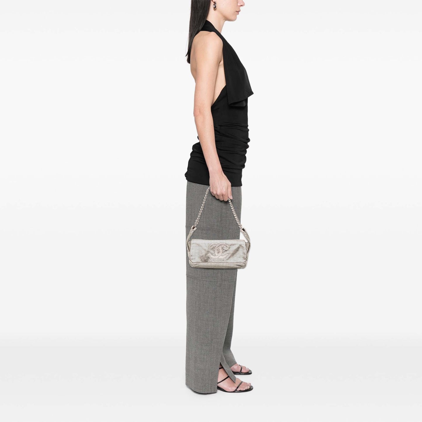 Silver Chanel Metallic Glazed Calfskin Perforated Rodeo Drive Flap Shoulder Bag
