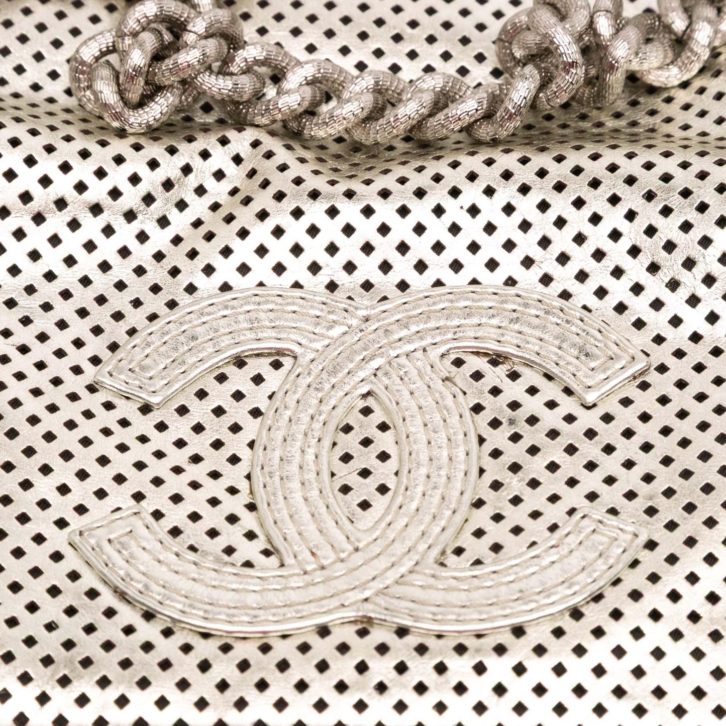 Silver Chanel Metallic Glazed Calfskin Perforated Rodeo Drive Flap Shoulder Bag