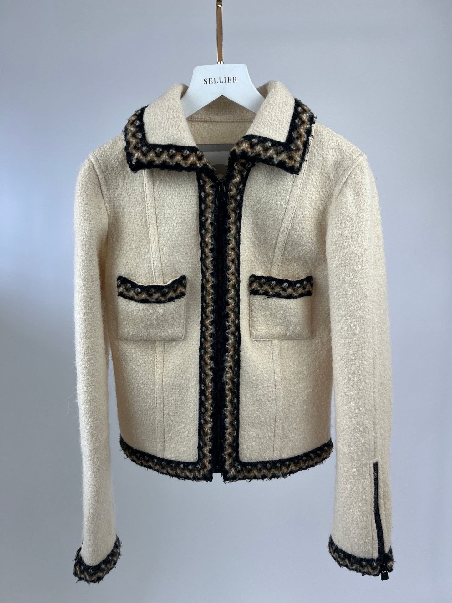 Chanel 1996 Cream Mark Tweed Jacket with Brown, White ZigZag Trim Detail Size FR 38 (UK 10)