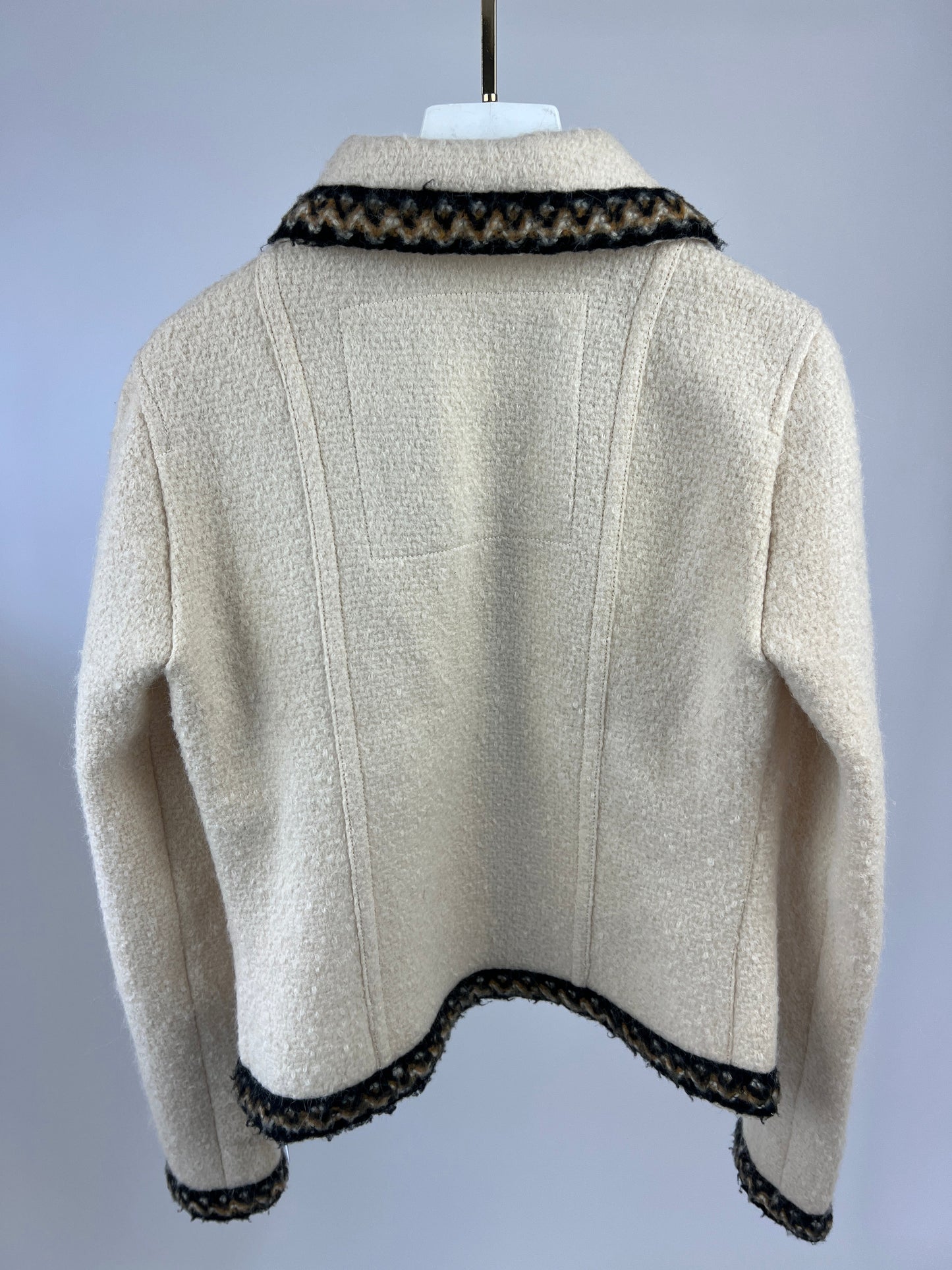 Chanel 1996 Cream Mark Tweed Jacket with Brown, White ZigZag Trim Detail Size FR 38 (UK 10)
