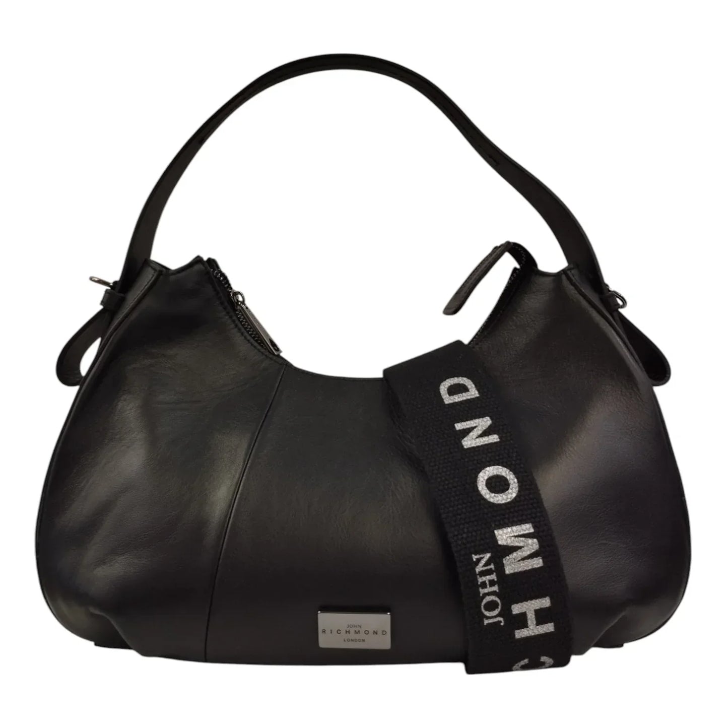 John Richmond Borsa a Spalla L Donna in Pelle Nera e Metalleria Argento con Tracolla in Tessuto Logo