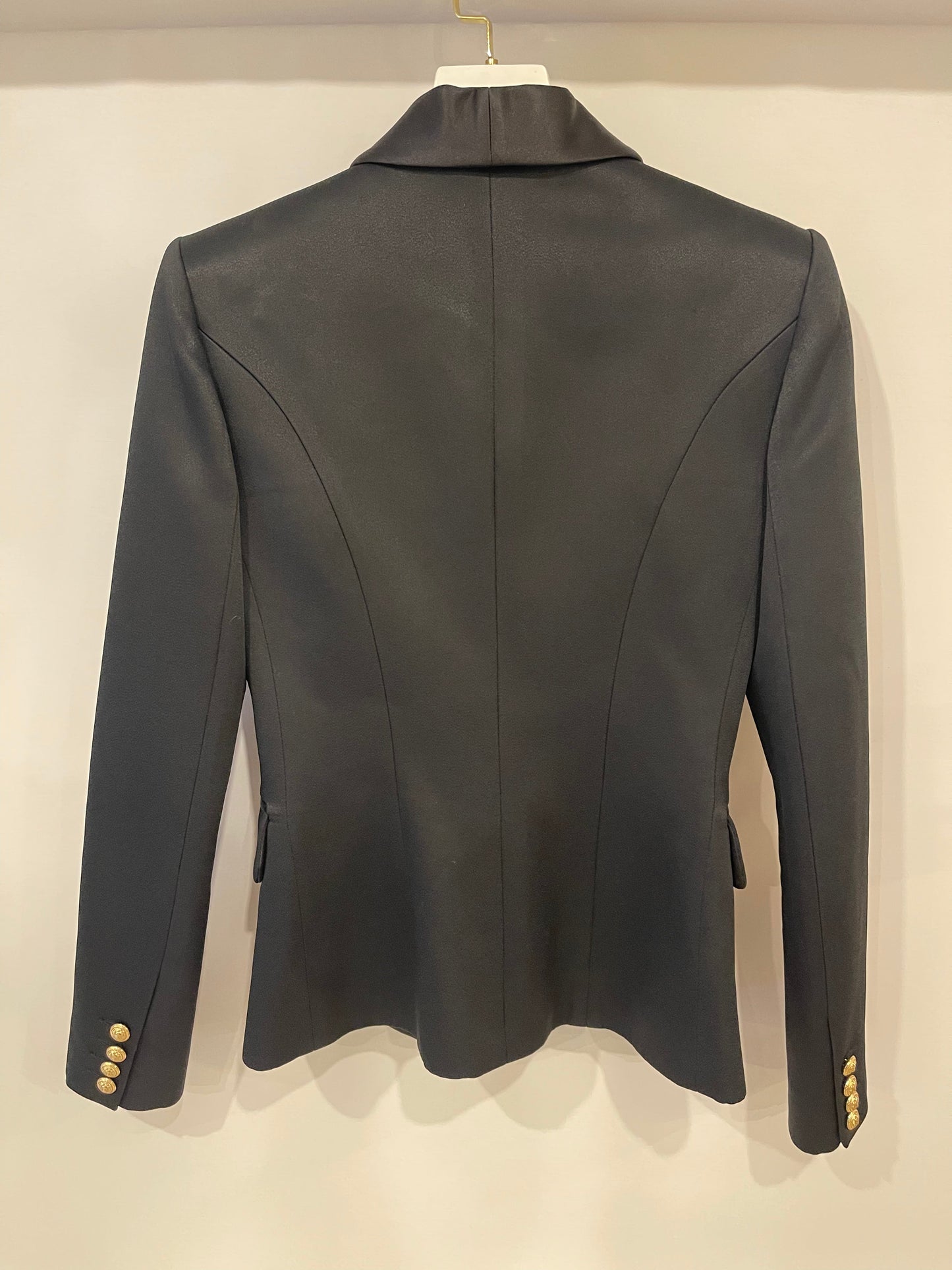 Balmain Black Blazer Jacket with Gold Buttons and Silk Trim Detail Size FR 38 (UK 10)