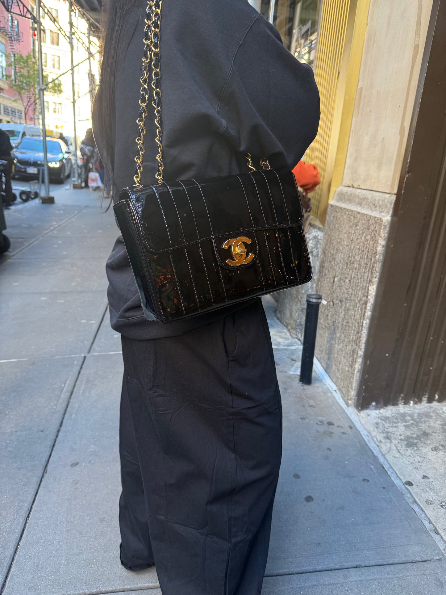 Chanel Black Patent Mademoiselle Single Flap Bag '95