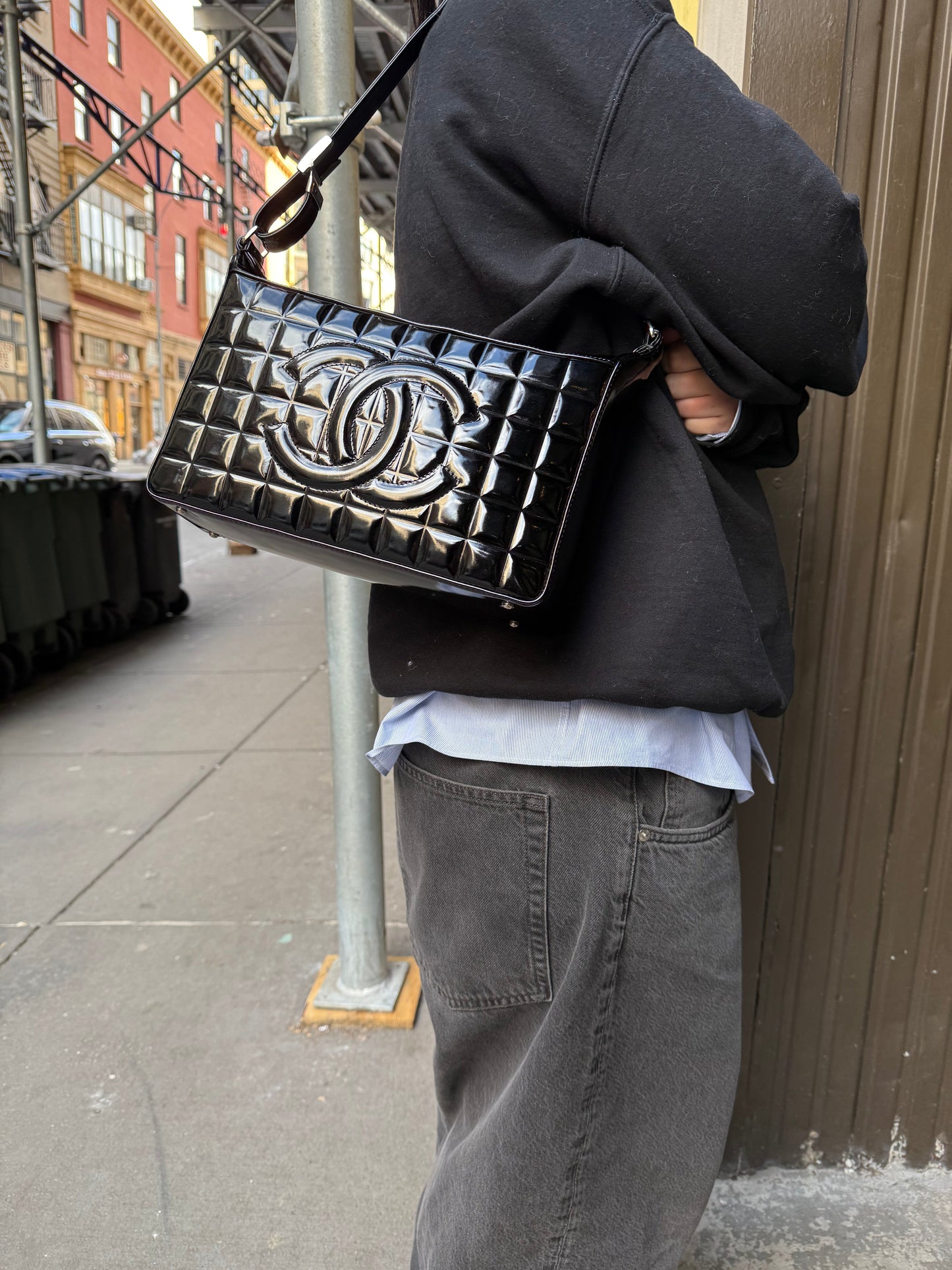 Chanel Black Patent Chocolate Bar Shoulder Bag '02
