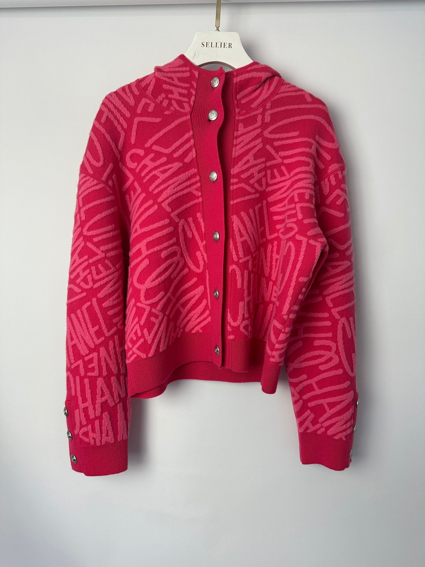 Chanel 21N Hot Pink Cashmere Button Down Long Sleeve Jumper with Hood and Logo Details Size FR 40 (UK 12) £3,425