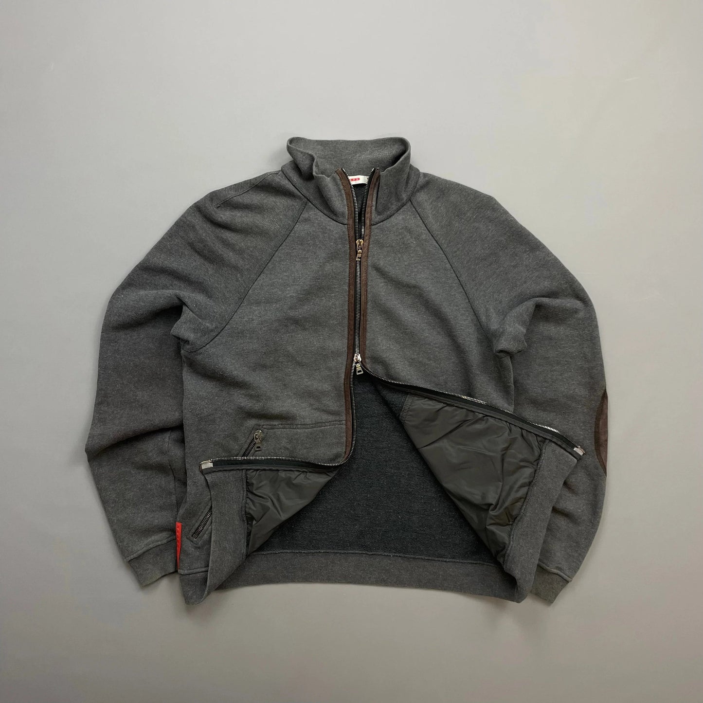 Prada Sport Grey Zip-Through Jumper w/ Suede Patch Detailing