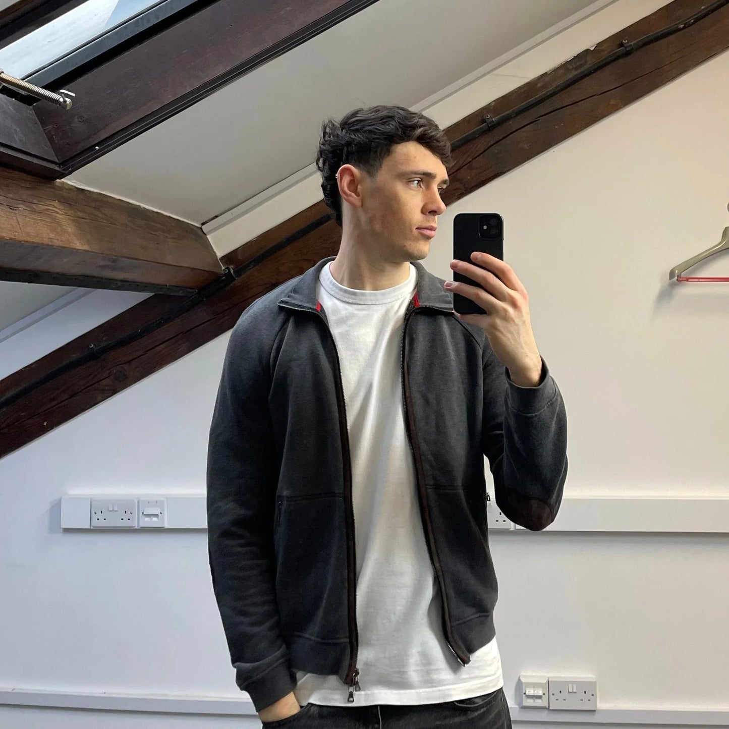 Prada Sport Grey Zip-Through Jumper w/ Suede Patch Detailing