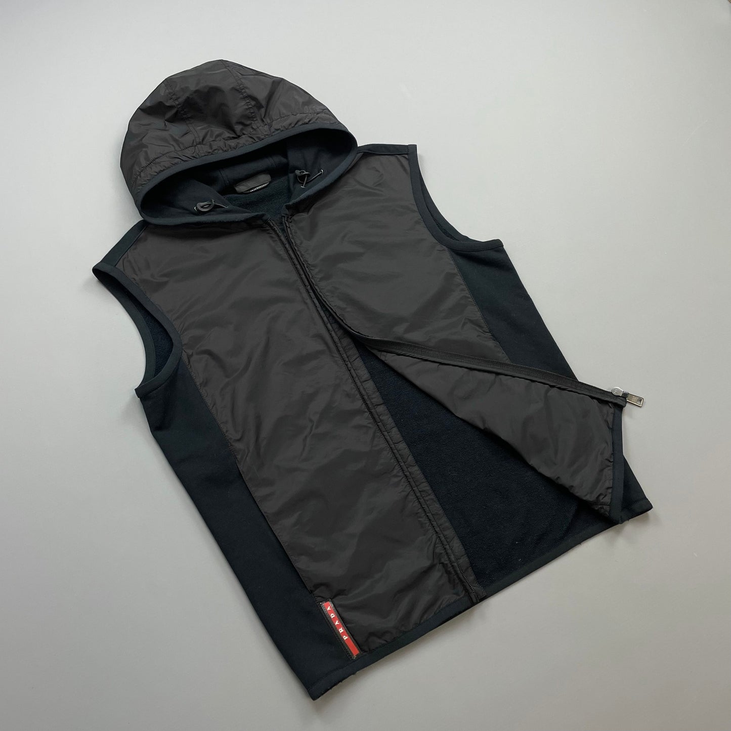 Prada Sport Black 2015 Nylon Panelled Hooded Gilet Vest