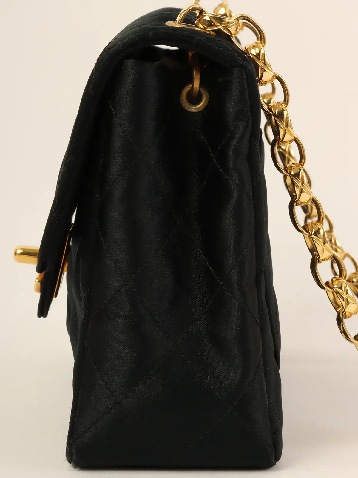 CHANEL Around 1990 Made Silk Satin Classic Flap Bijoux Chain Mini Black