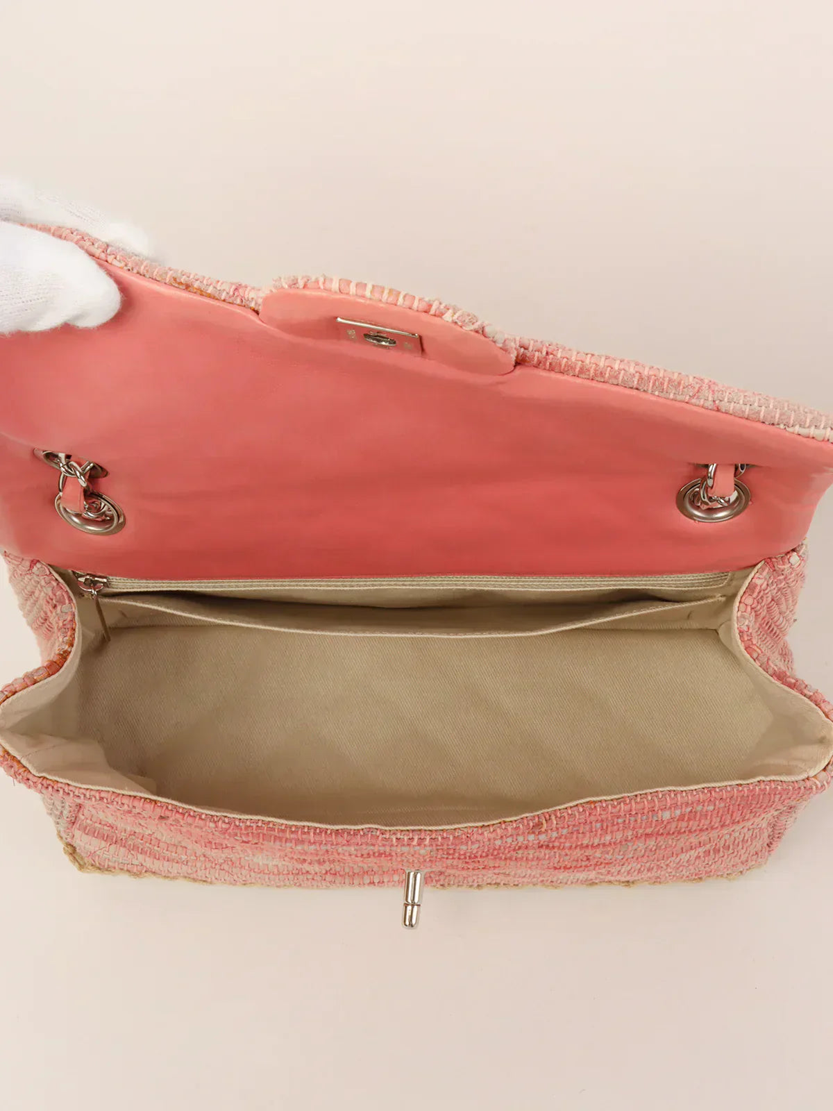 CHANEL Around 2010 Made Linen Leather Combination Turn-Lock Chain Bag Pink/Beige