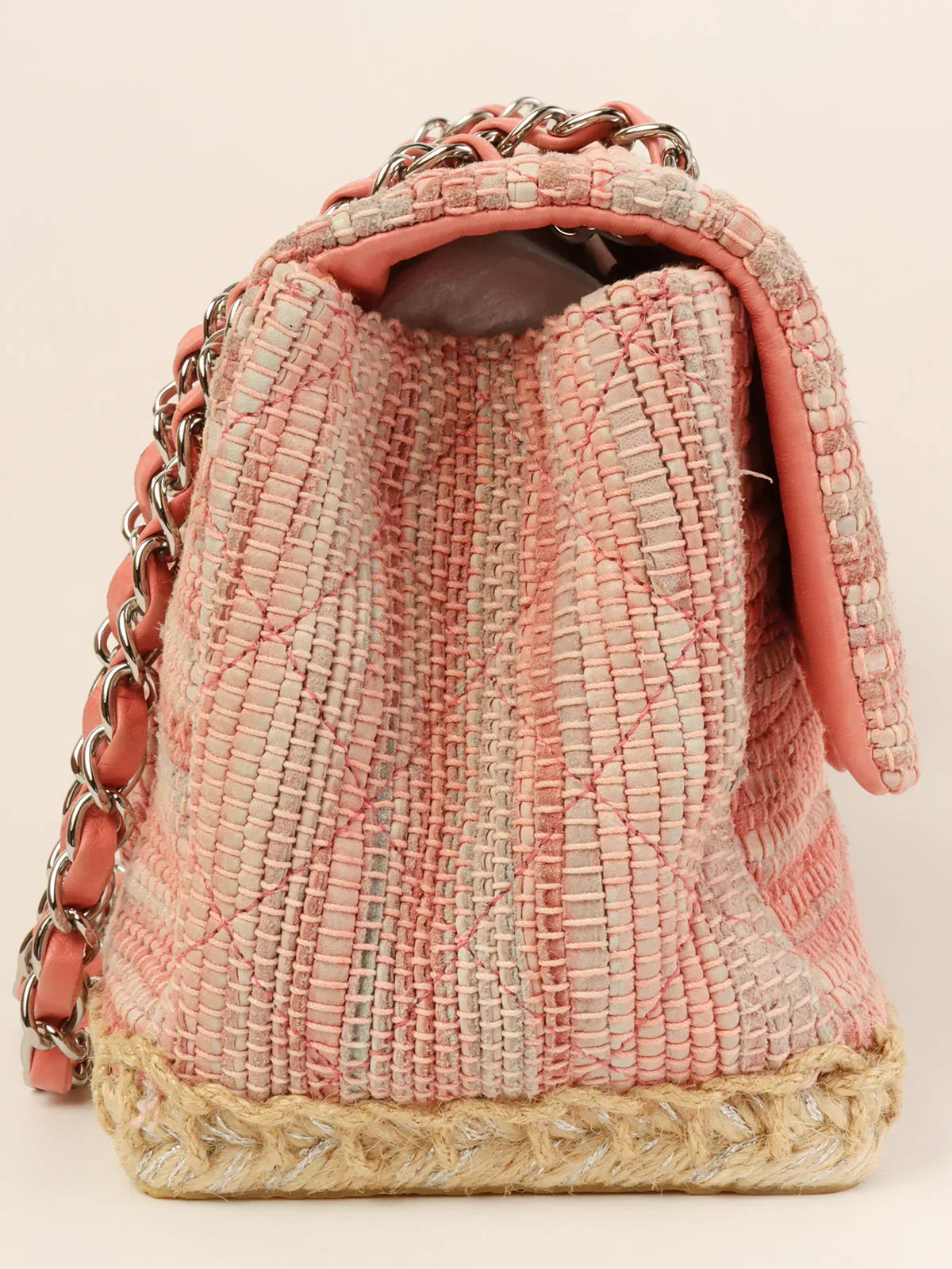 CHANEL Around 2010 Made Linen Leather Combination Turn-Lock Chain Bag Pink/Beige