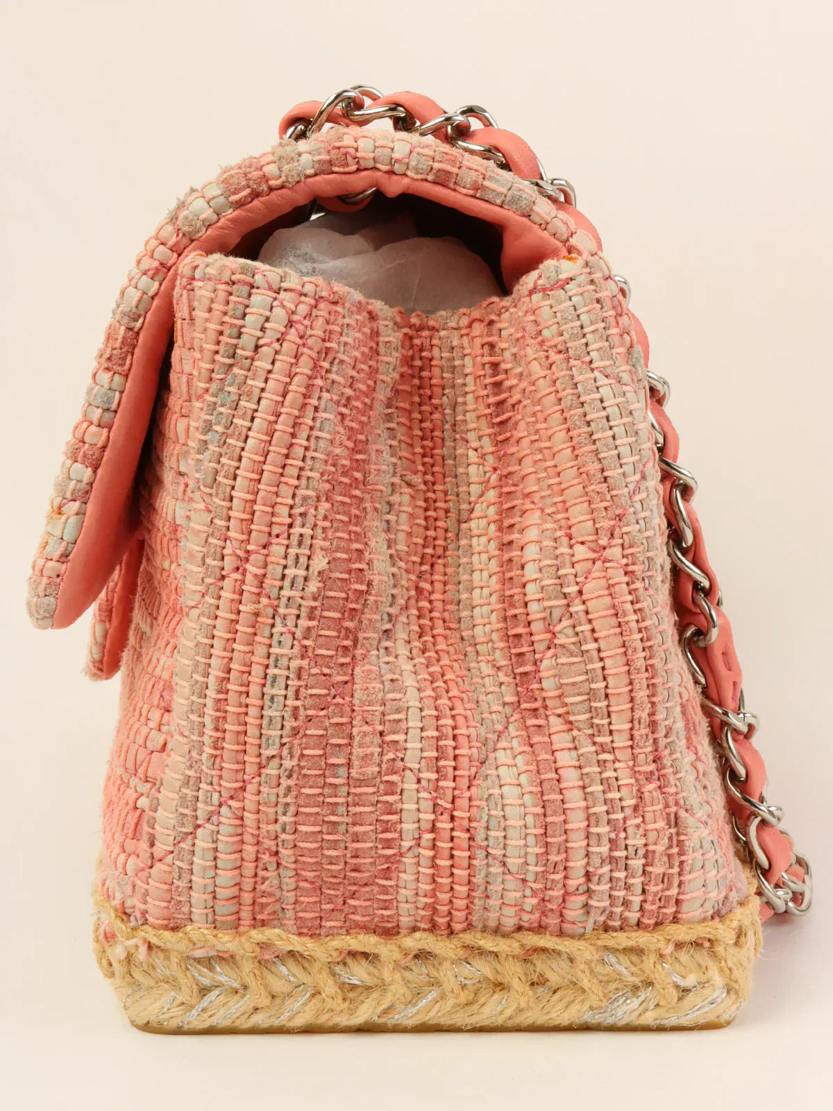 CHANEL Around 2010 Made Linen Leather Combination Turn-Lock Chain Bag Pink/Beige