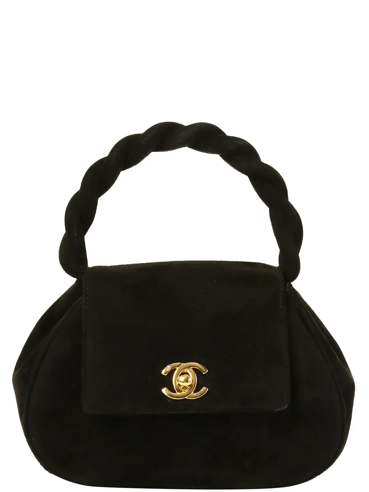 CHANEL Around 1997 Made Suede Turn-Lock Twist Handle Bag Black