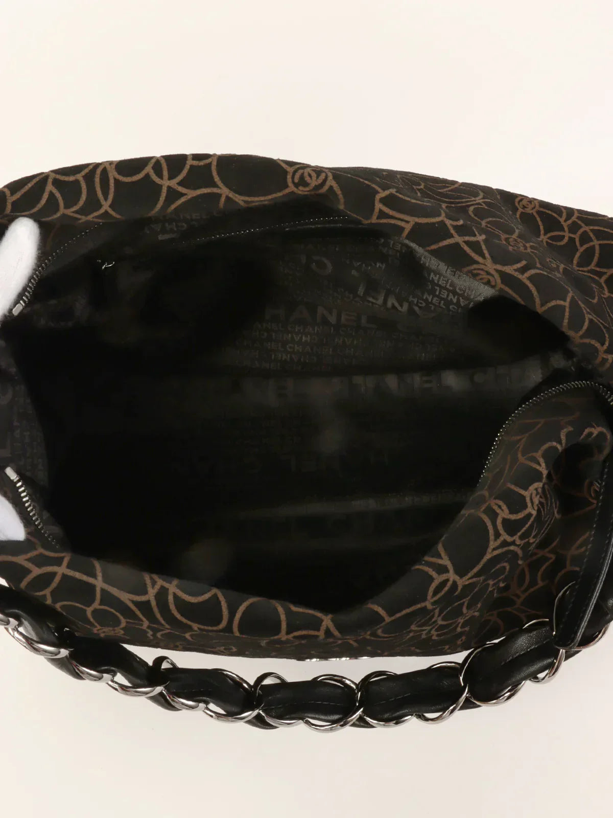 CHANEL Around 2004 Made Suede Camellia Pattern Cc Mark Plate Chain Shoulder Bag Black