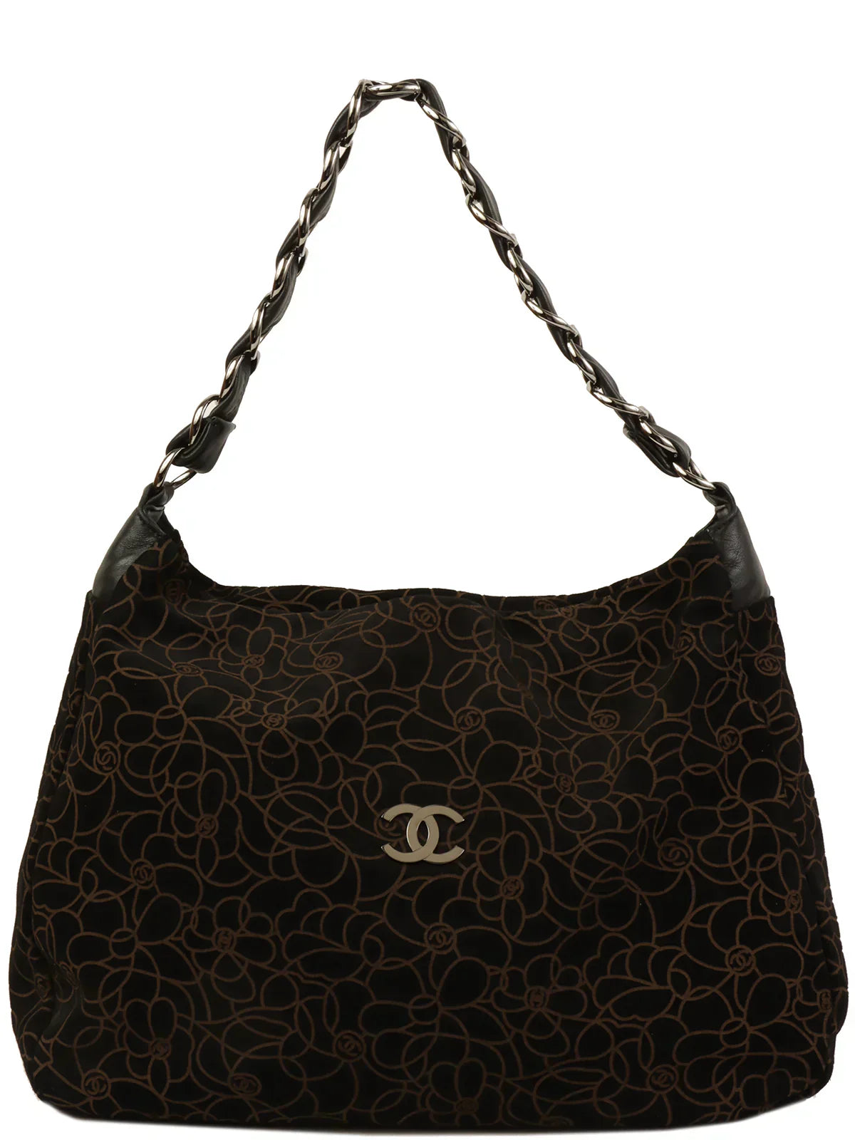 CHANEL Around 2004 Made Suede Camellia Pattern Cc Mark Plate Chain Shoulder Bag Black