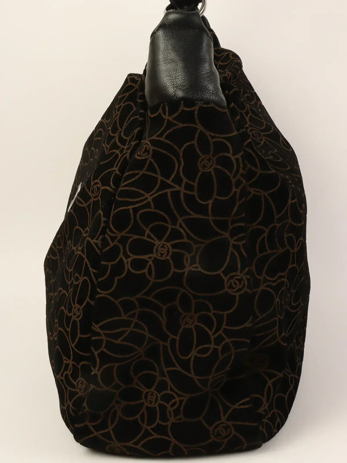 CHANEL Around 2004 Made Suede Camellia Pattern Cc Mark Plate Chain Shoulder Bag Black