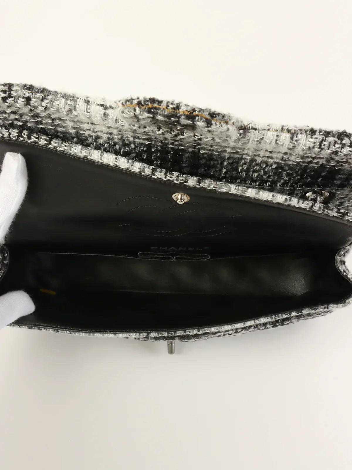 CHANEL Around 2009 Made Tweed Classic Flap Chain Bag 25Cm Black/White/Grey