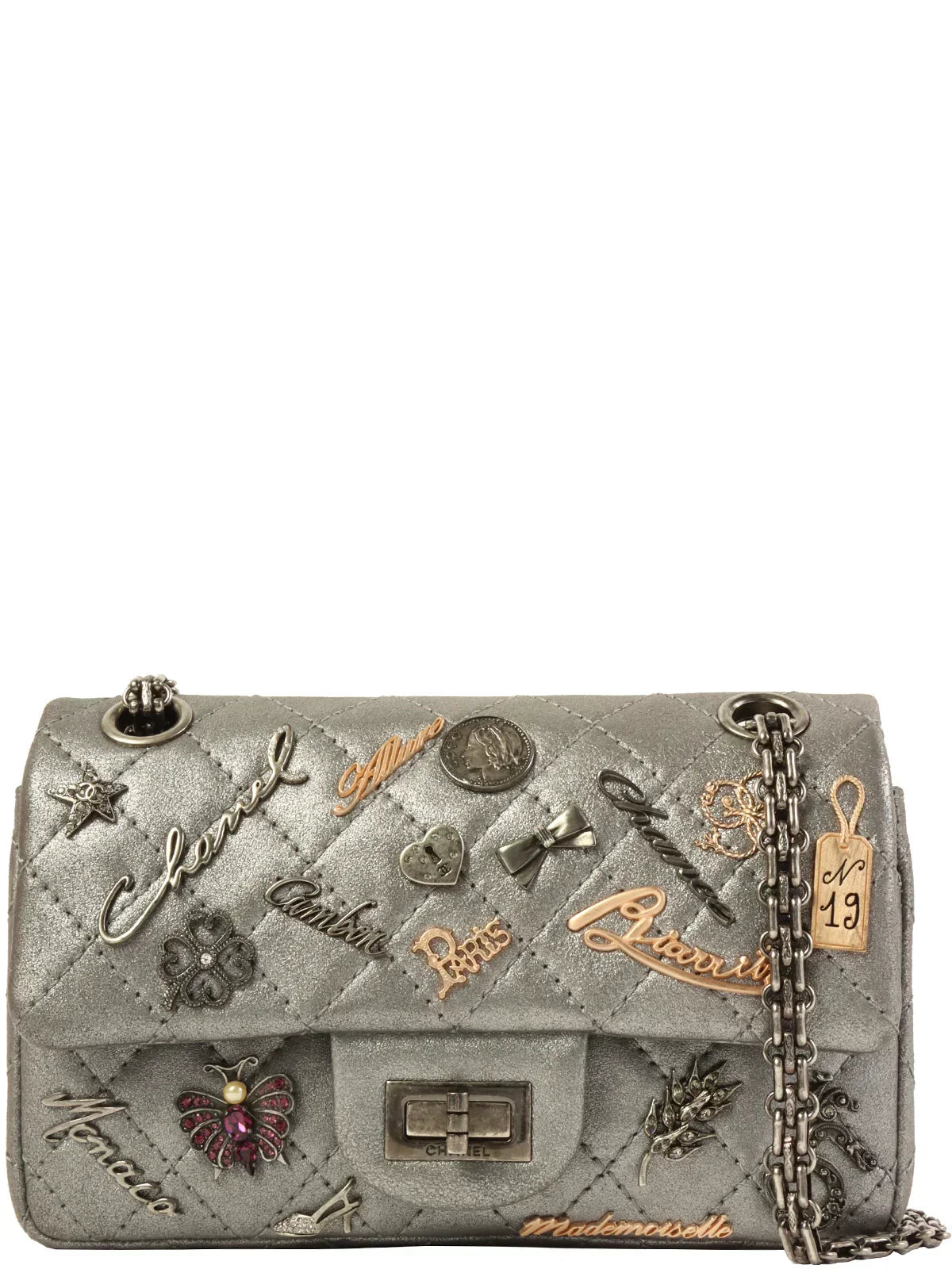 CHANEL Around 2007 Made 2.55 Icon Charm Chain Bag Mini Metallic Silver