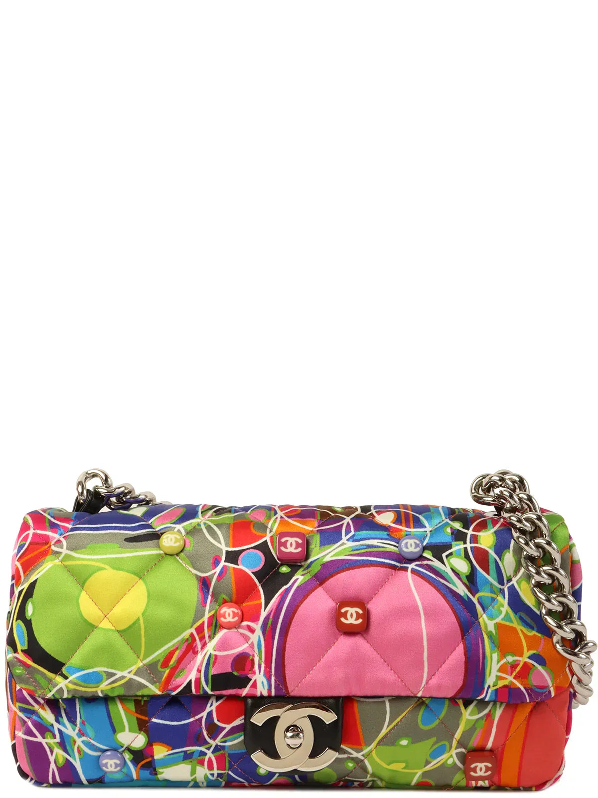 CHANEL Around 2007 Made Silk Satin Turn-Lock Chain Bag Multi