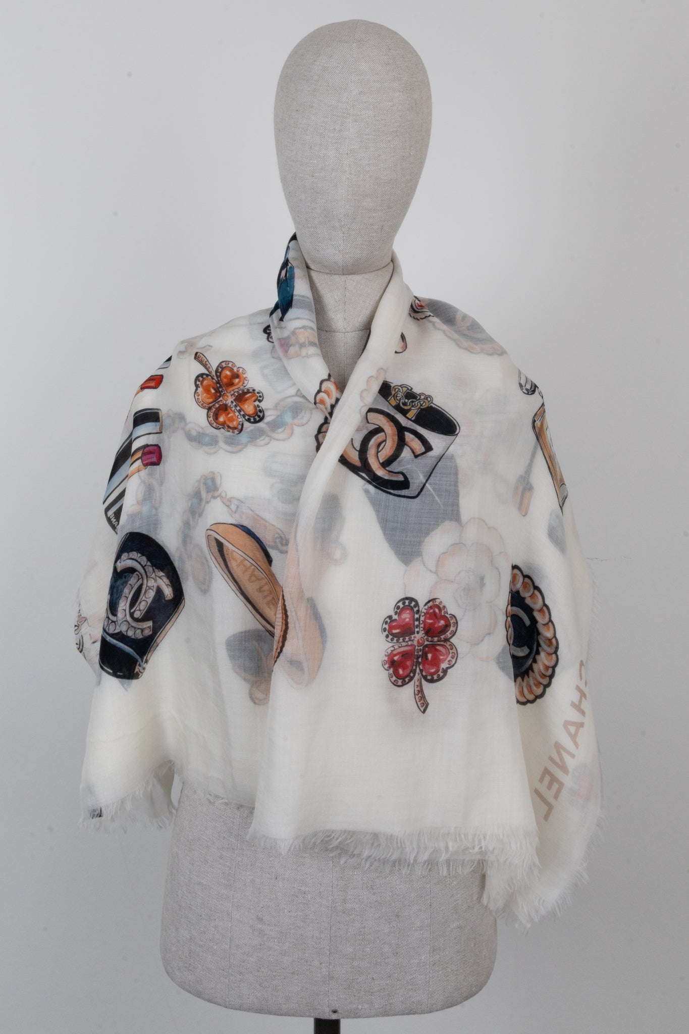 CHANEL Icons Print Cashmere Scarf Ivory