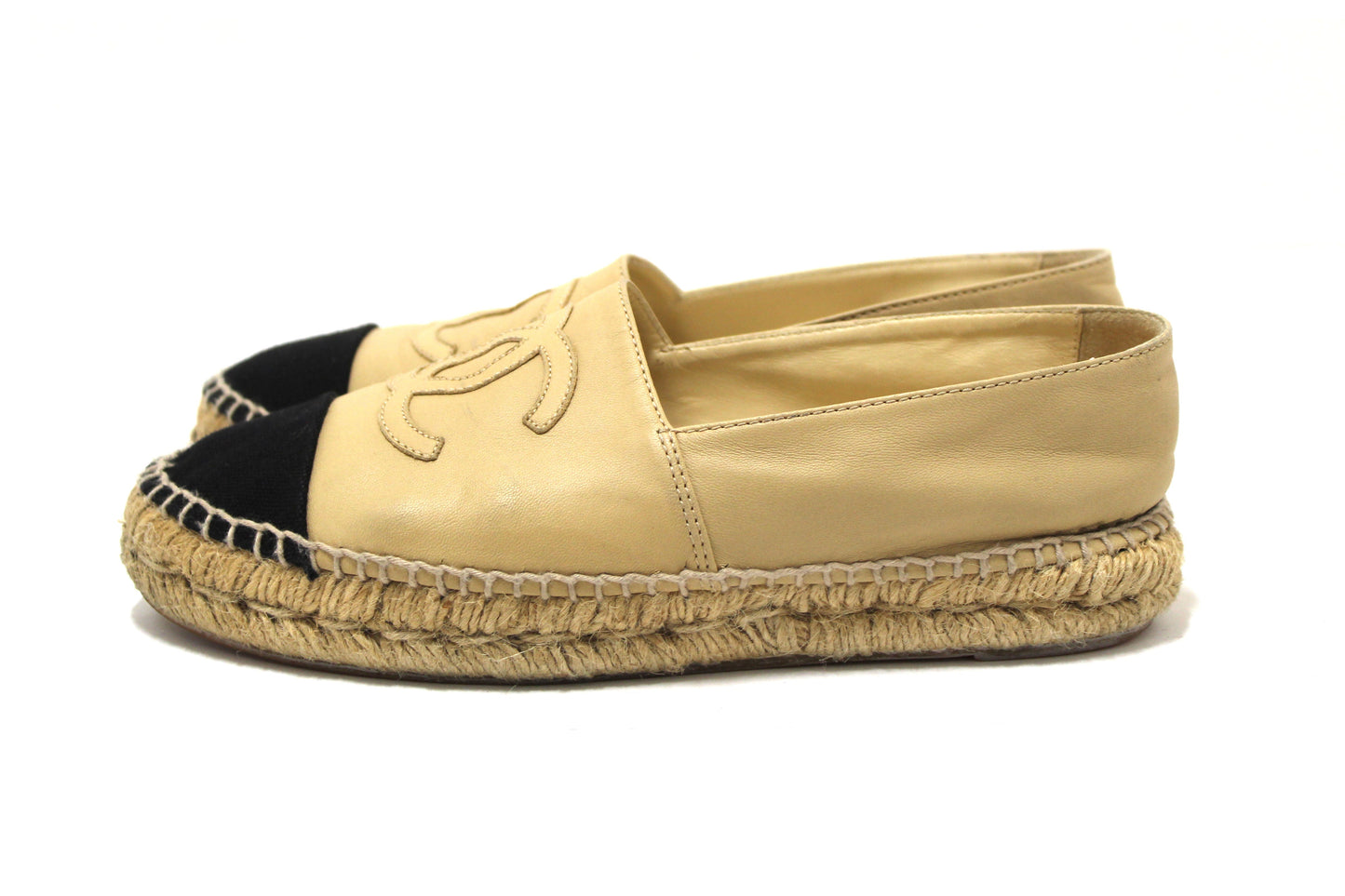 Chanel Beige/Black Lambskin Leather Espadrilles Shoes Size .