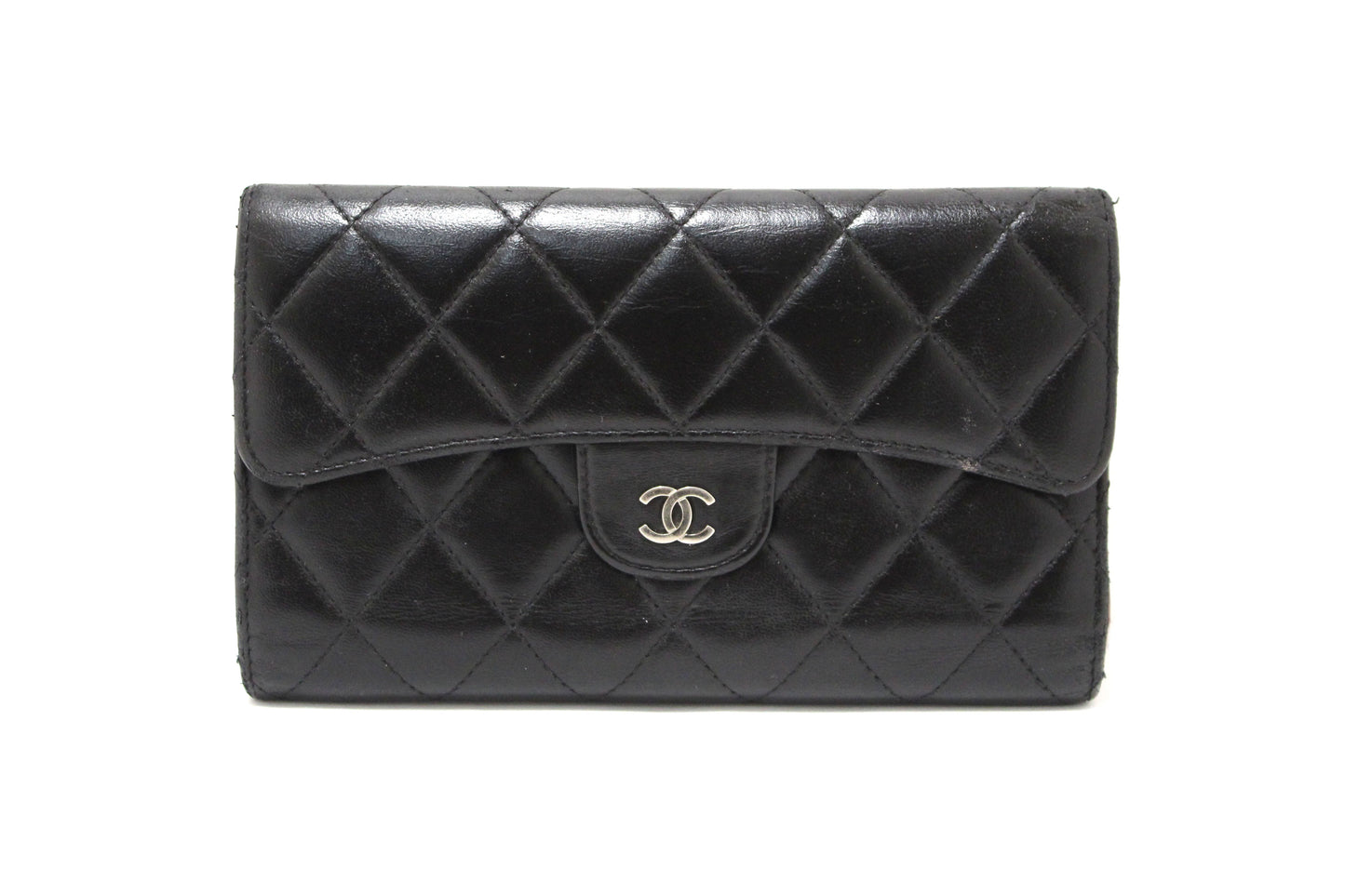 Chanel Black Quilted Lambskin Leather Trifold Flap Wallet