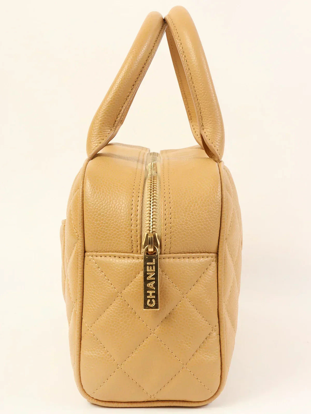 CHANEL Around 2003 Made Caviar Skin Cc Mark Stitch Boston Bag Beige
