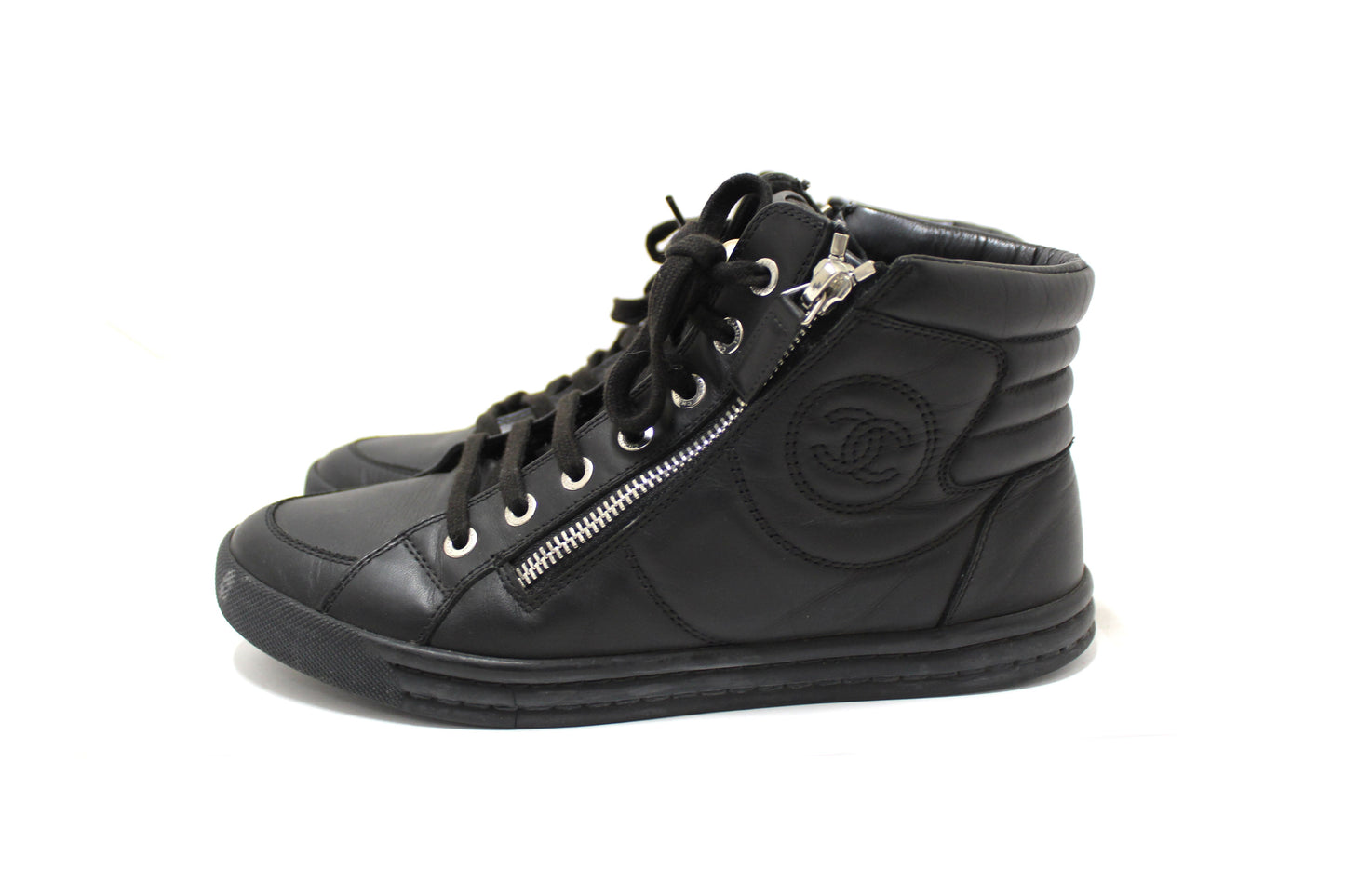 Chanel Black Leather CC Zip Link High Top Sneakers Size