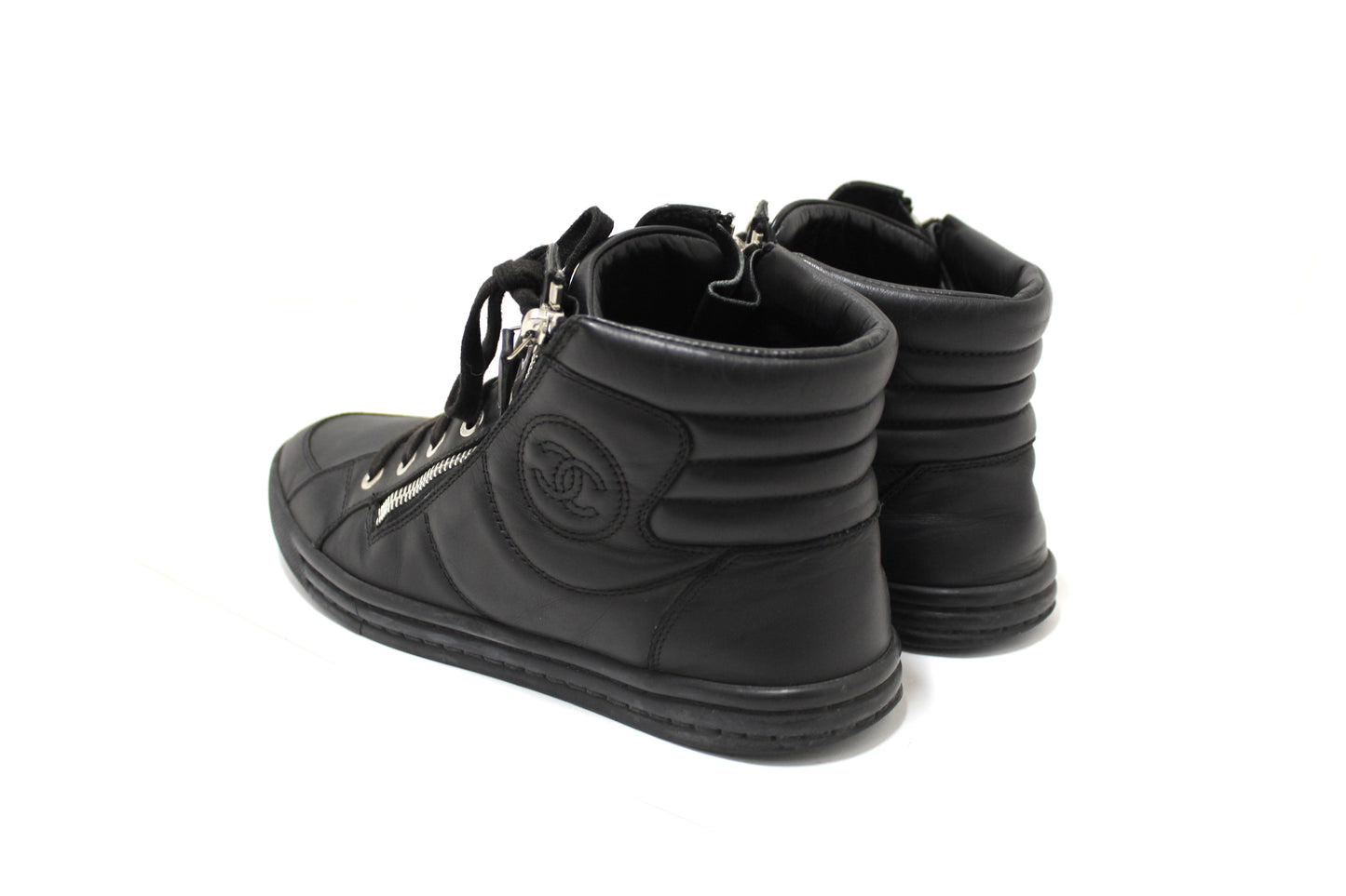 Chanel Black Leather CC Zip Link High Top Sneakers Size