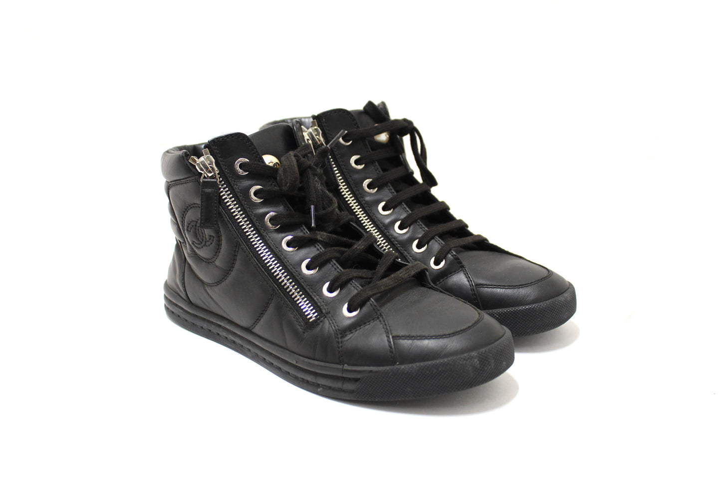 Chanel Black Leather CC Zip Link High Top Sneakers Size