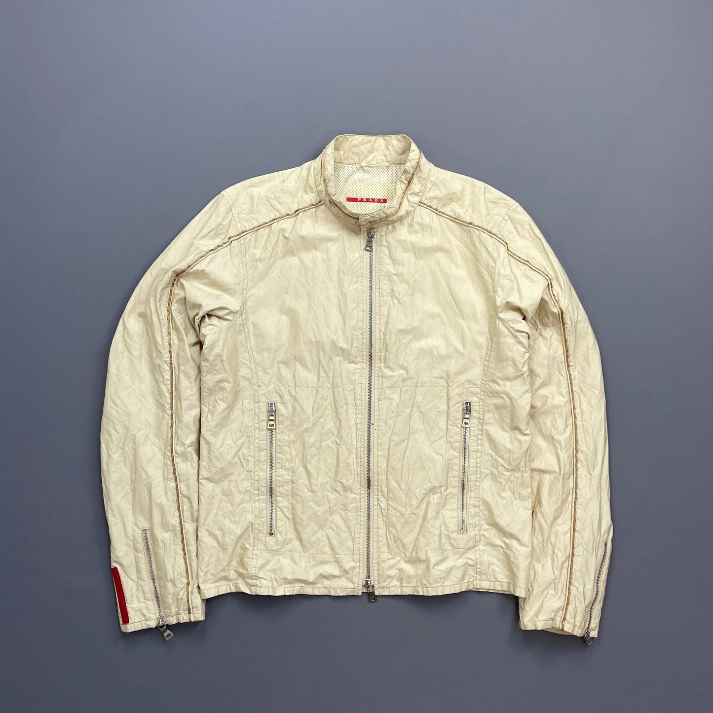 Prada Sport Cream 00s Mixed Metal Nylon Biker Jacket