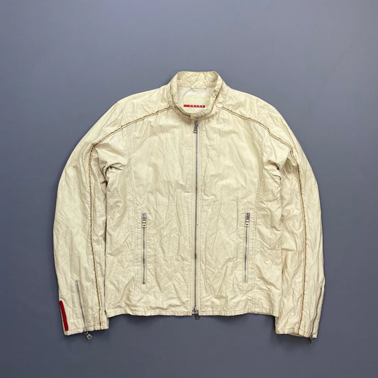 Prada Sport Cream 00s Mixed Metal Nylon Biker Jacket
