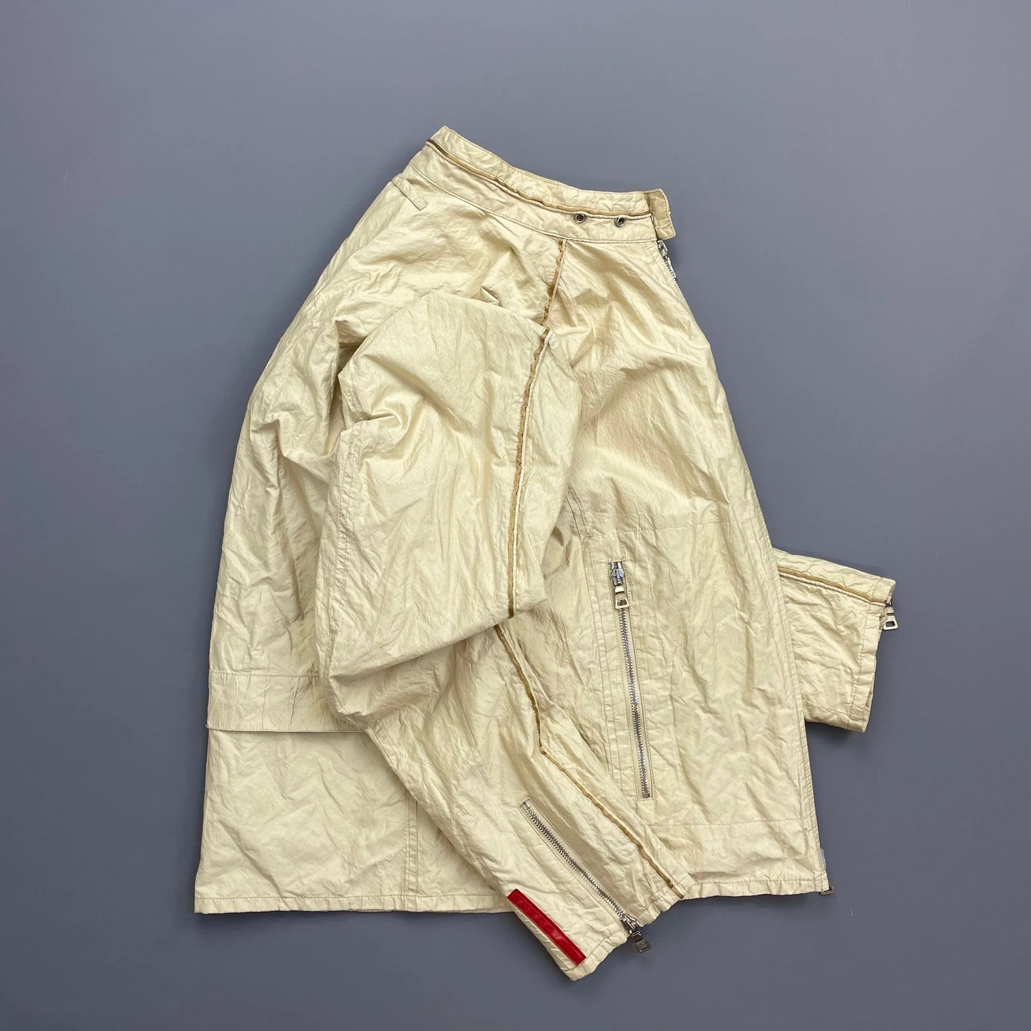 Prada Sport Cream 00s Mixed Metal Nylon Biker Jacket