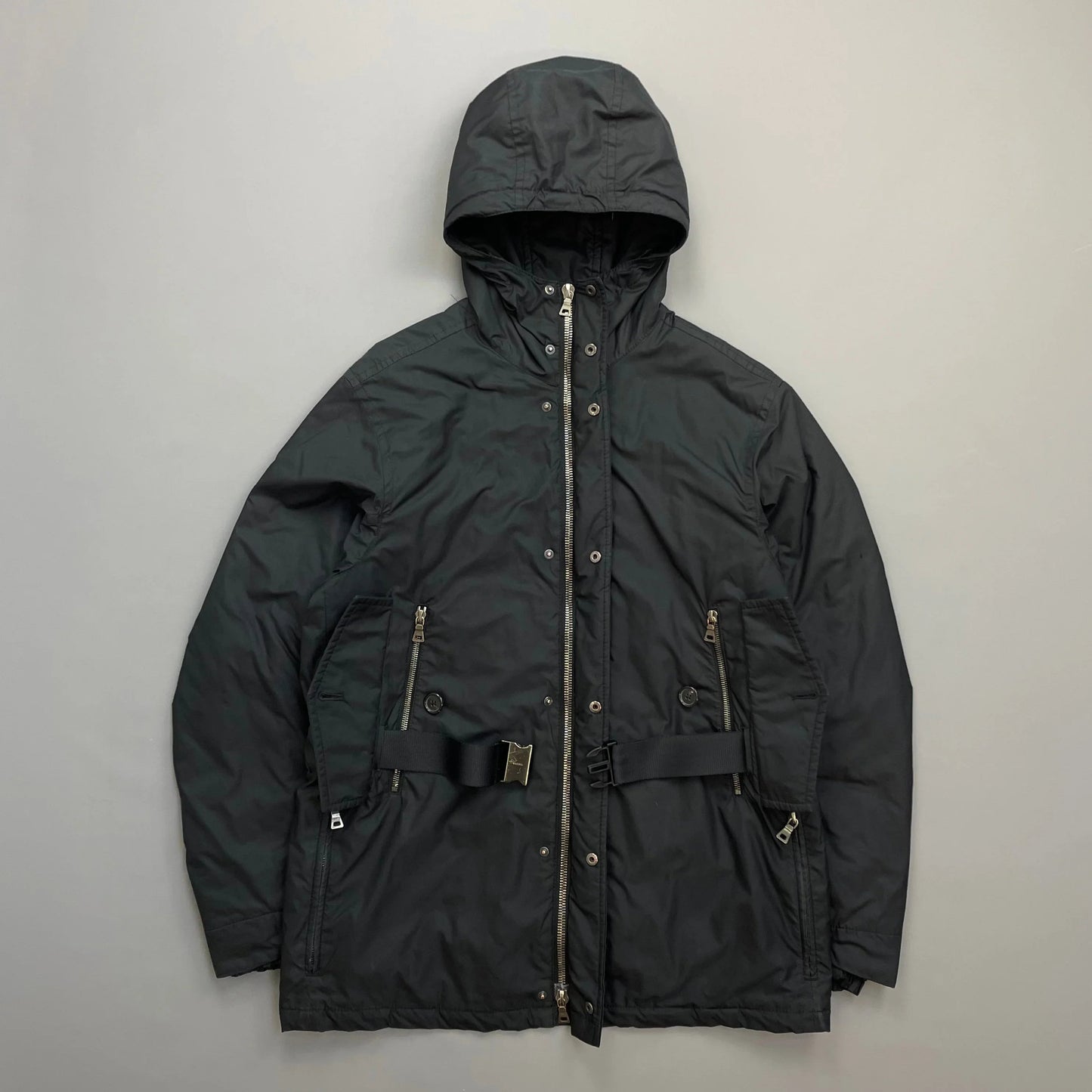 Prada Sport Black Belt Strap Padded Hooded Jacket