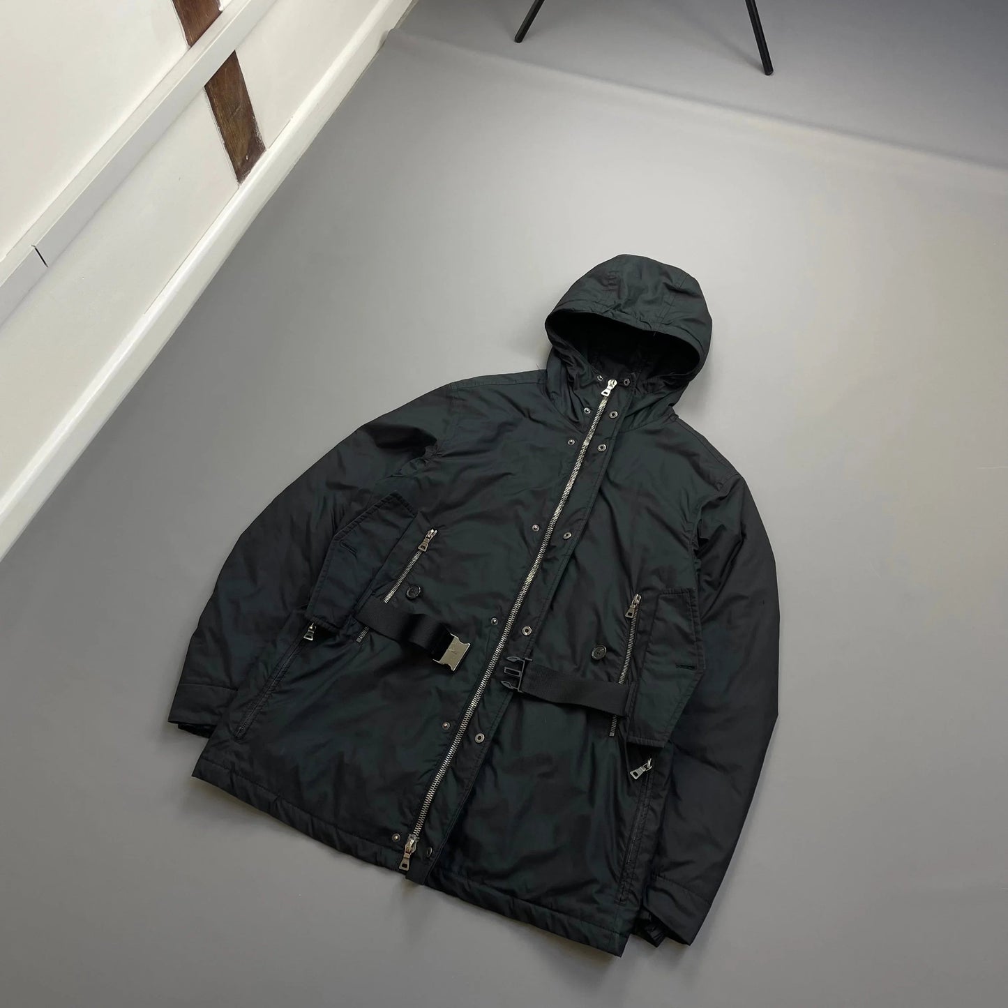 Prada Sport Black Belt Strap Padded Hooded Jacket