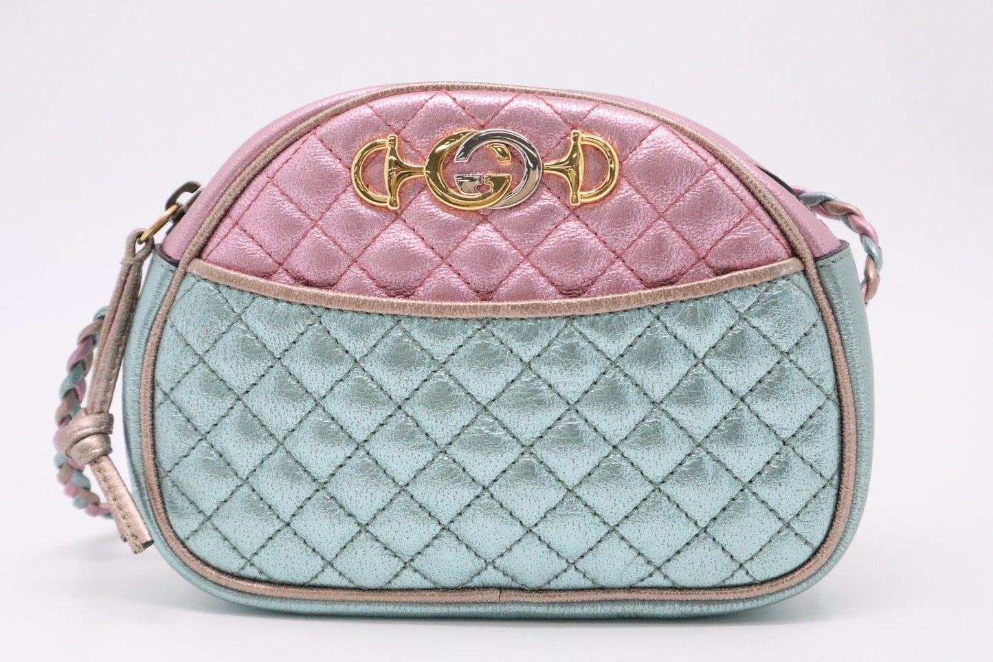 Gucci Mini Trapuntata Zumi Shoulder Bag in Metallic Pink and Blue Leather