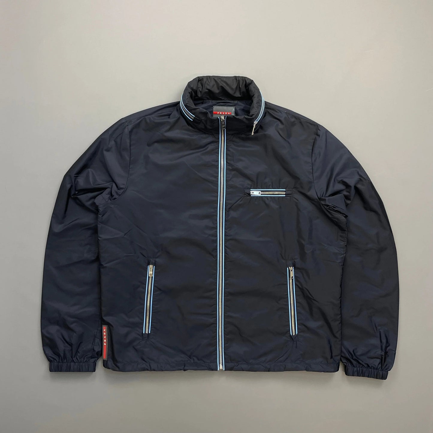 Prada Navy 2015 Contrast Stripe Zip Concealed Hood Nylon Windbreaker Jacket