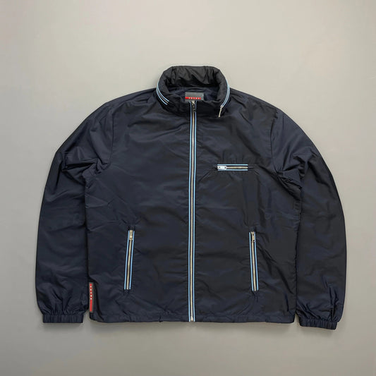 Prada Navy 2015 Contrast Stripe Zip Concealed Hood Nylon Windbreaker Jacket