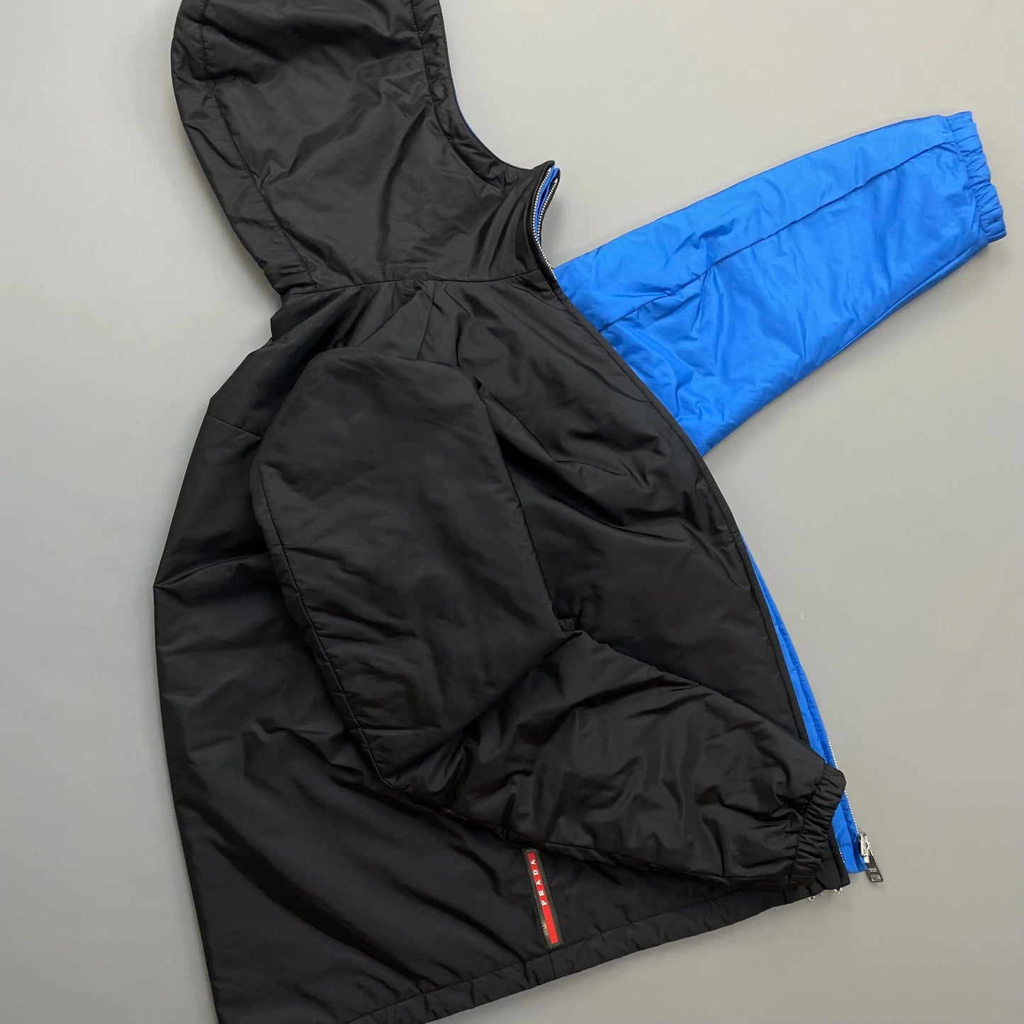 Prada Sport Black & Blue Reversible 2016 Padded Nylon Hooded Jacket