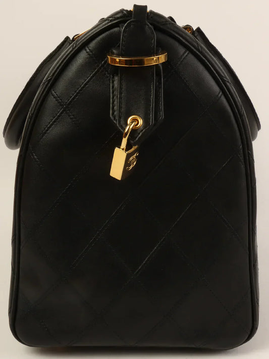 CHANEL Around 1992 Made Bicolore Stitch Cc Mark Charm 2Way Boston Bag Black