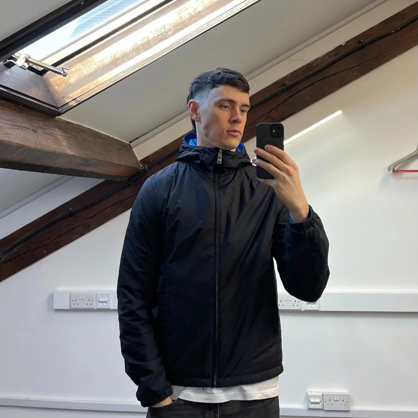 Prada Sport Black & Blue Reversible 2016 Padded Nylon Hooded Jacket